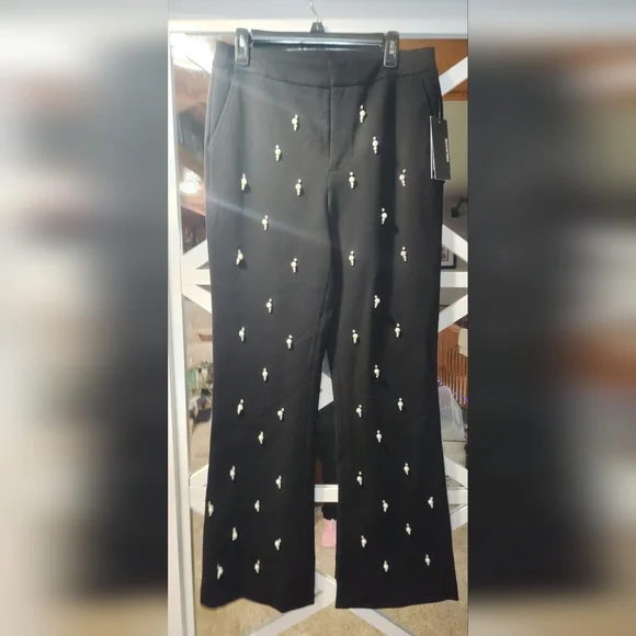 Karl Lagerfield Black Embellished Rhinestones & Faux Pearls Pants Sz 8 - Picture 11 of 12